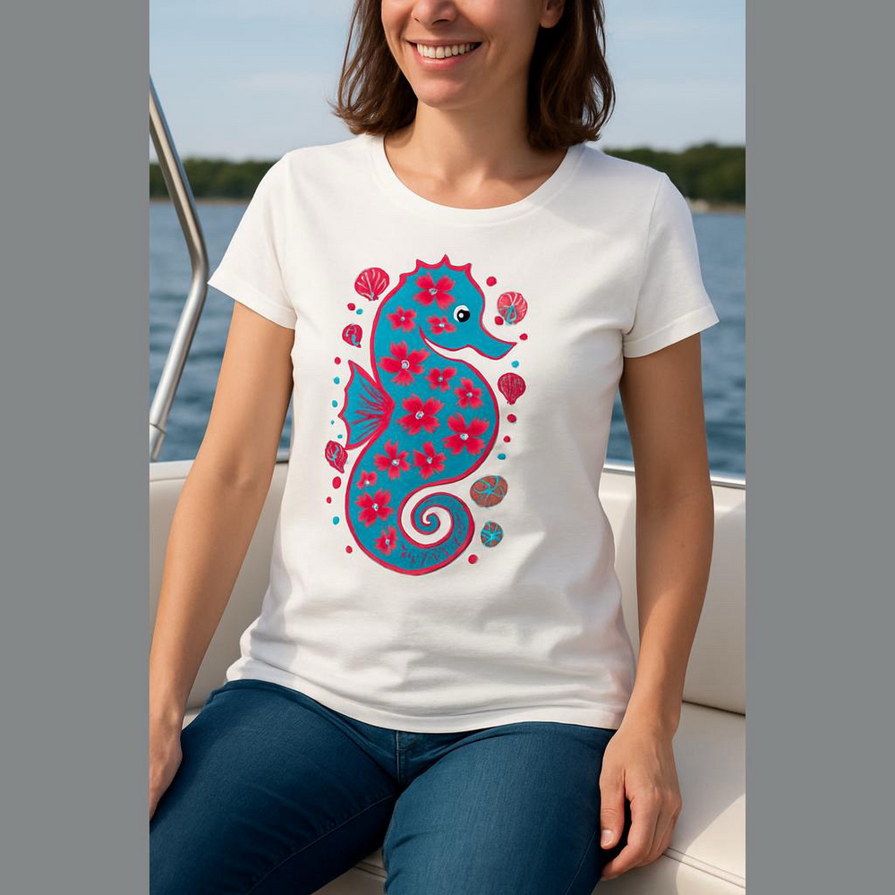 White “Seahorse” Tee. Size Large